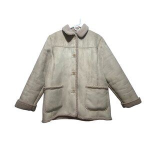 Jones New York Shearling Faux Suede Jacket Women Large Beige Fleece Oversize Y2K